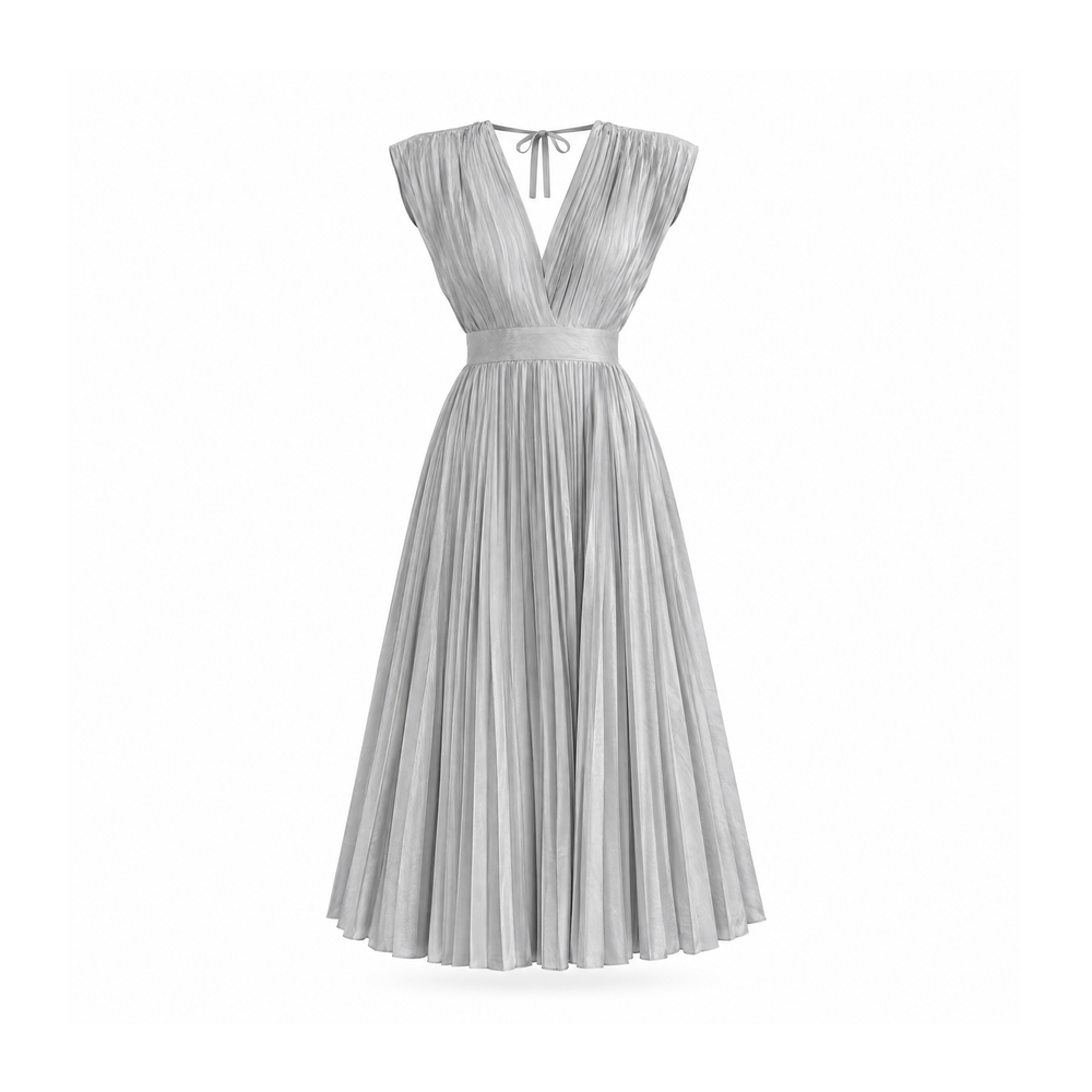 Pleated Midi Dress With a Deep V-Neck and Adjustable Back Tie