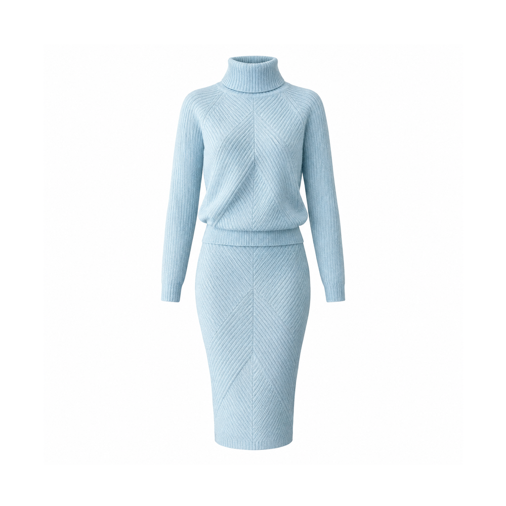 Ribbed Knit Turtleneck Jumper and Slim Skirt Two-Piece Set