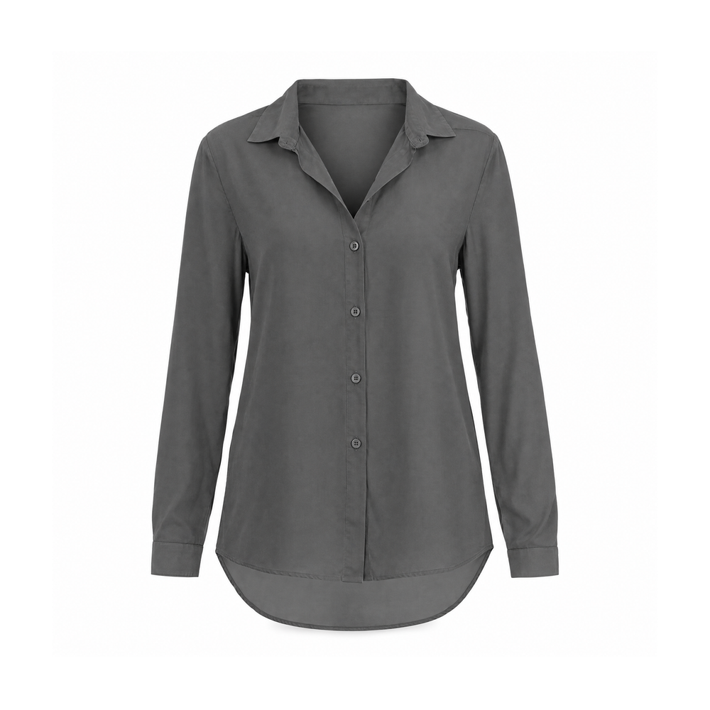 Button-Front Chiffon Blouse With a Collar and Curved Hem