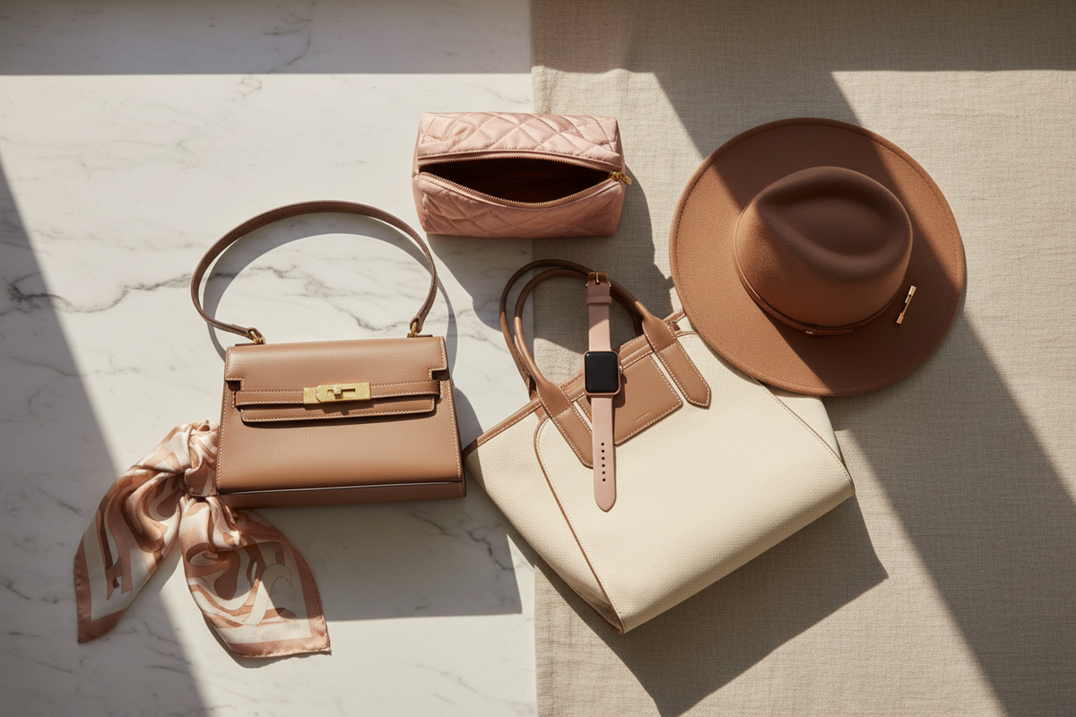 Brown curved-flap shoulder bag with a woven strap on a sunlit limestone ledge.