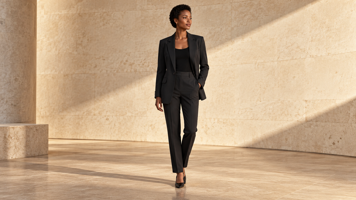 Woman wearing a black blazer and slim trousers in a sunlit limestone gallery.
