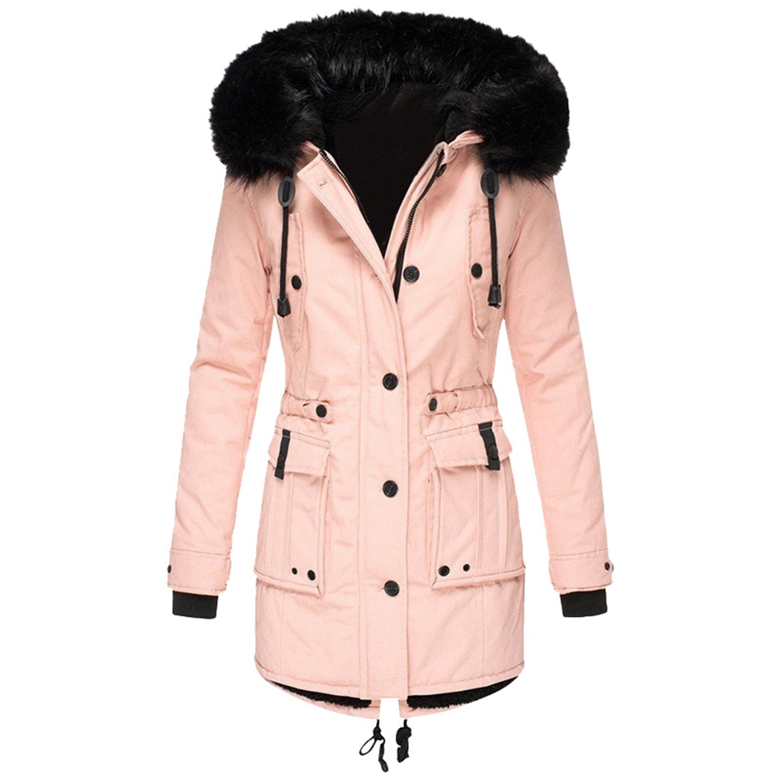Pink parka with black faux-fur hood trim and large flap pockets.