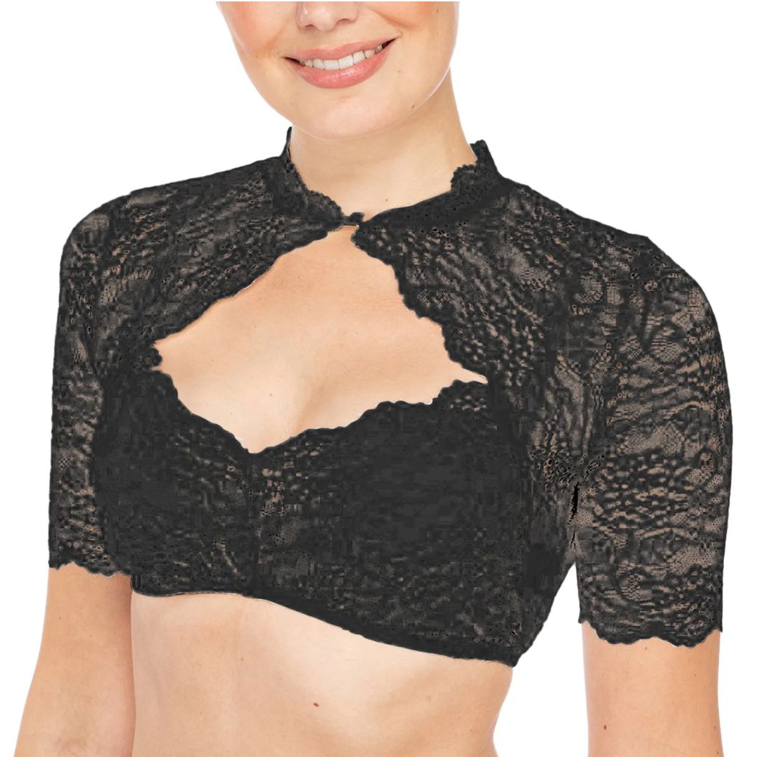 Black cropped lace blouse with a keyhole opening and scalloped sleeve edges.