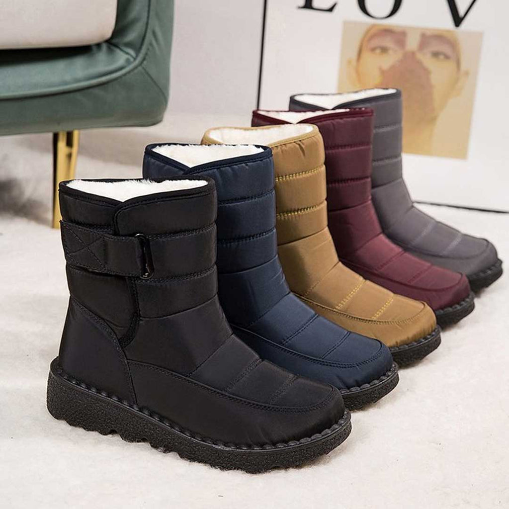 Five winter boot colours displayed together, with stitched panels, upper straps and dark soles.