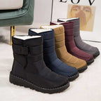 Five winter boot colours displayed together, with stitched panels, upper straps and dark soles.