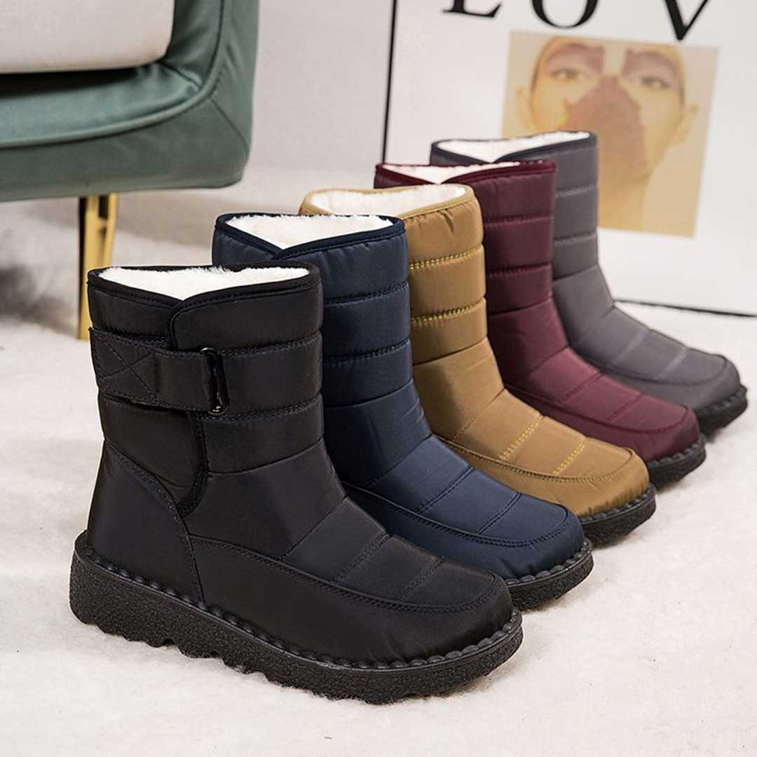 Five winter boot colours displayed together, with stitched panels, upper straps and dark soles.