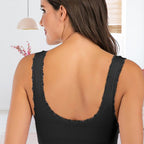Back view of the black bra with a broad scoop neckline.