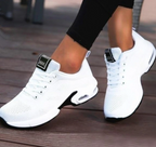 White trainers with black contrast panels and oval heel sections.