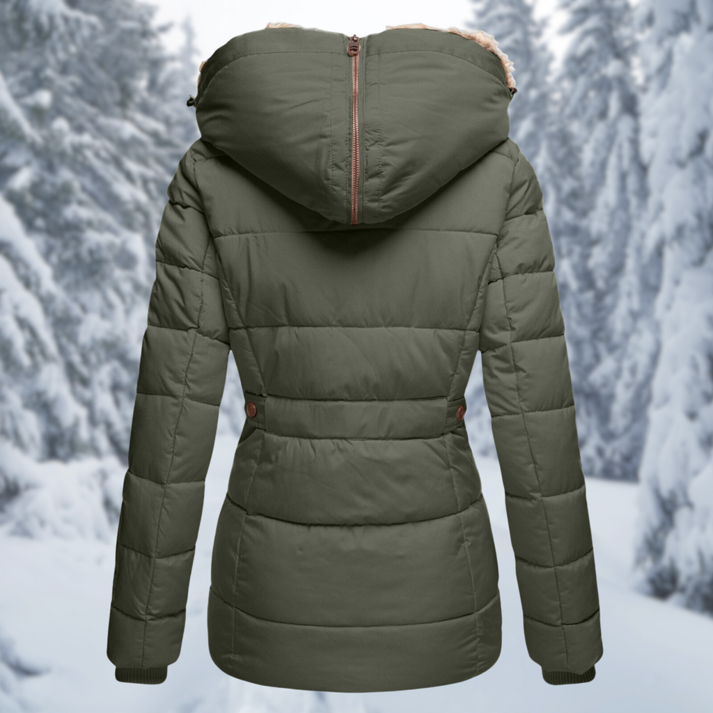 Back of a green quilted jacket showing a zipper down the centre of the hood.