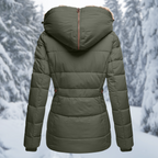 Back of a green quilted jacket showing a zipper down the centre of the hood.