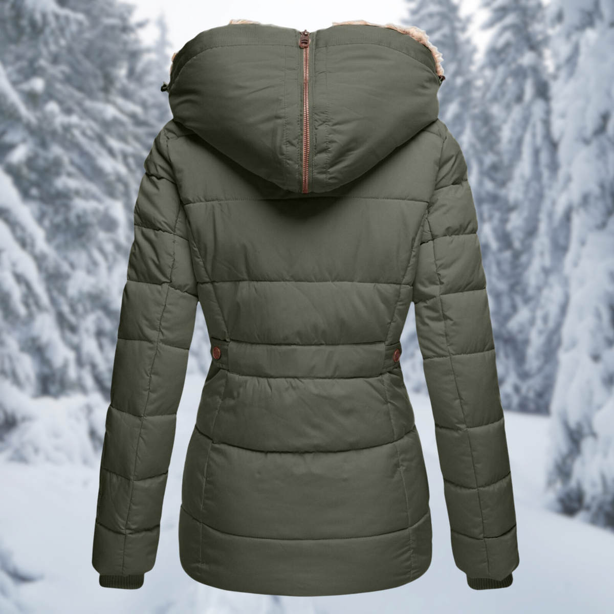 Back of a green quilted jacket showing a zipper down the centre of the hood.