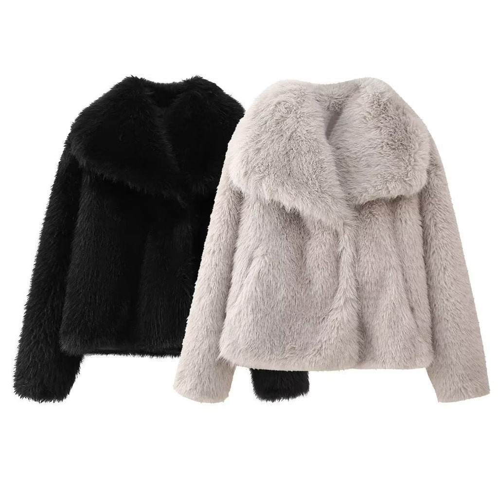 Black and pale faux-fur jackets shown together against white.