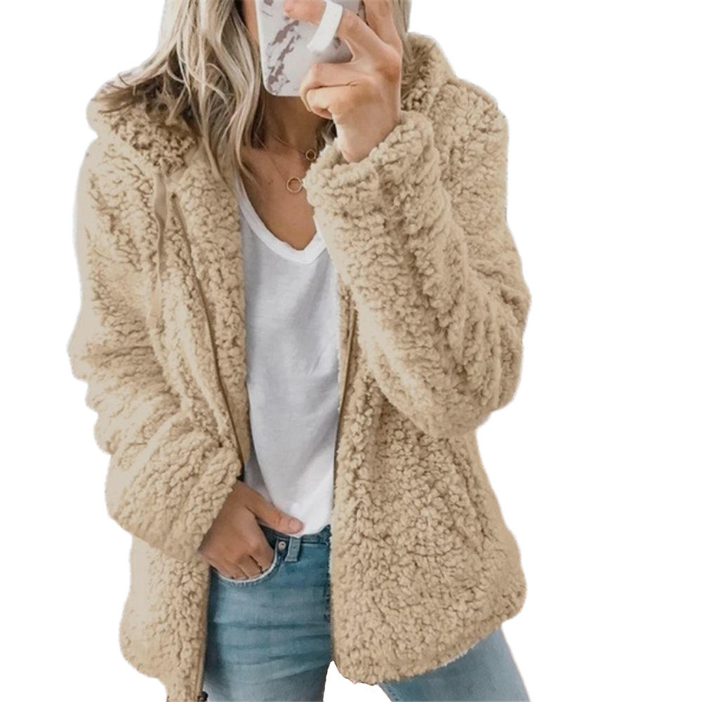 Khaki teddy fleece coat shown from the front.