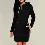 Black Hagia hoodie dress with white neckline cords and angled front pockets.