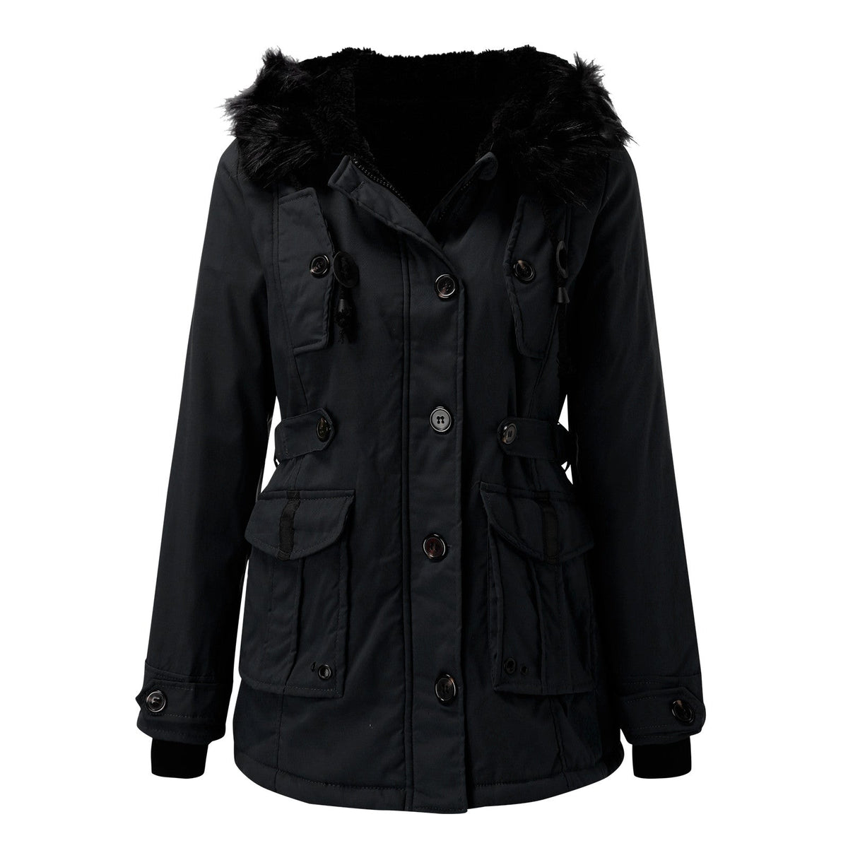 Black parka front detail showing its hood trim, front placket and flap pockets.