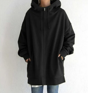 Black long hoodie with cuffed sleeves and a front zip.