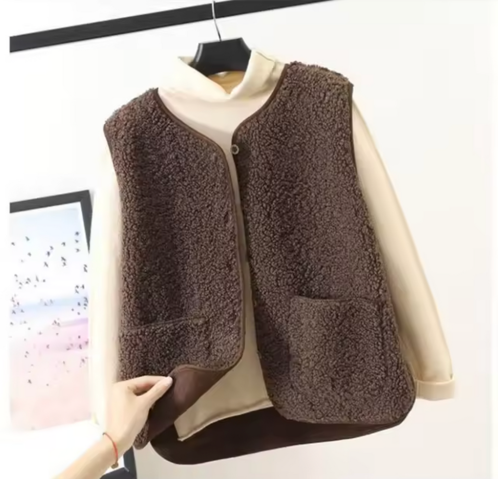 Brown button-front fleece gilet with two patch pockets.