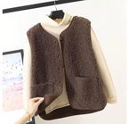 Brown button-front fleece gilet with two patch pockets.