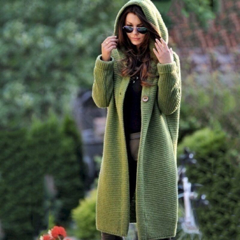 Green Selena cardigan shown outdoors with the hood raised.