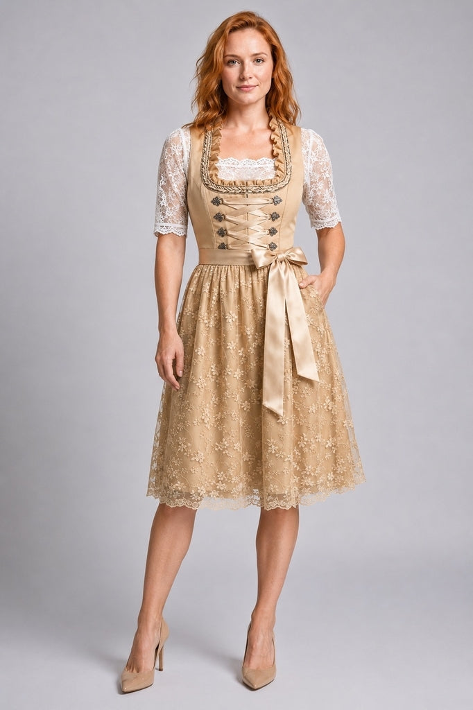 Front of a champagne-beige dirndl with a lace-up bodice, floral apron and half-sleeve lace blouse.