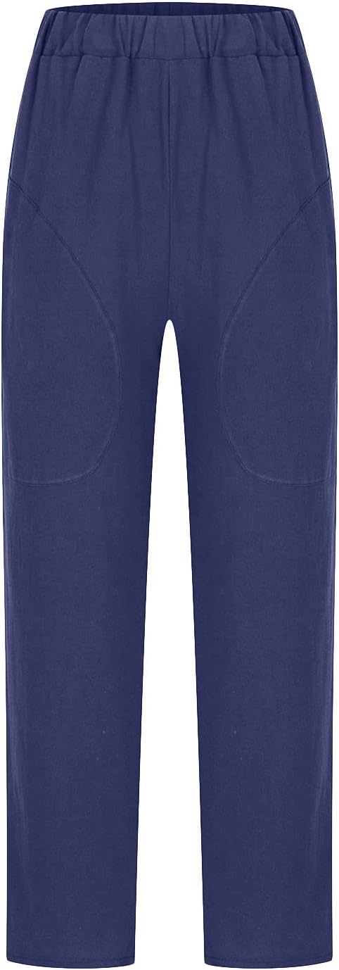 Front view of dark blue trousers with side pockets.