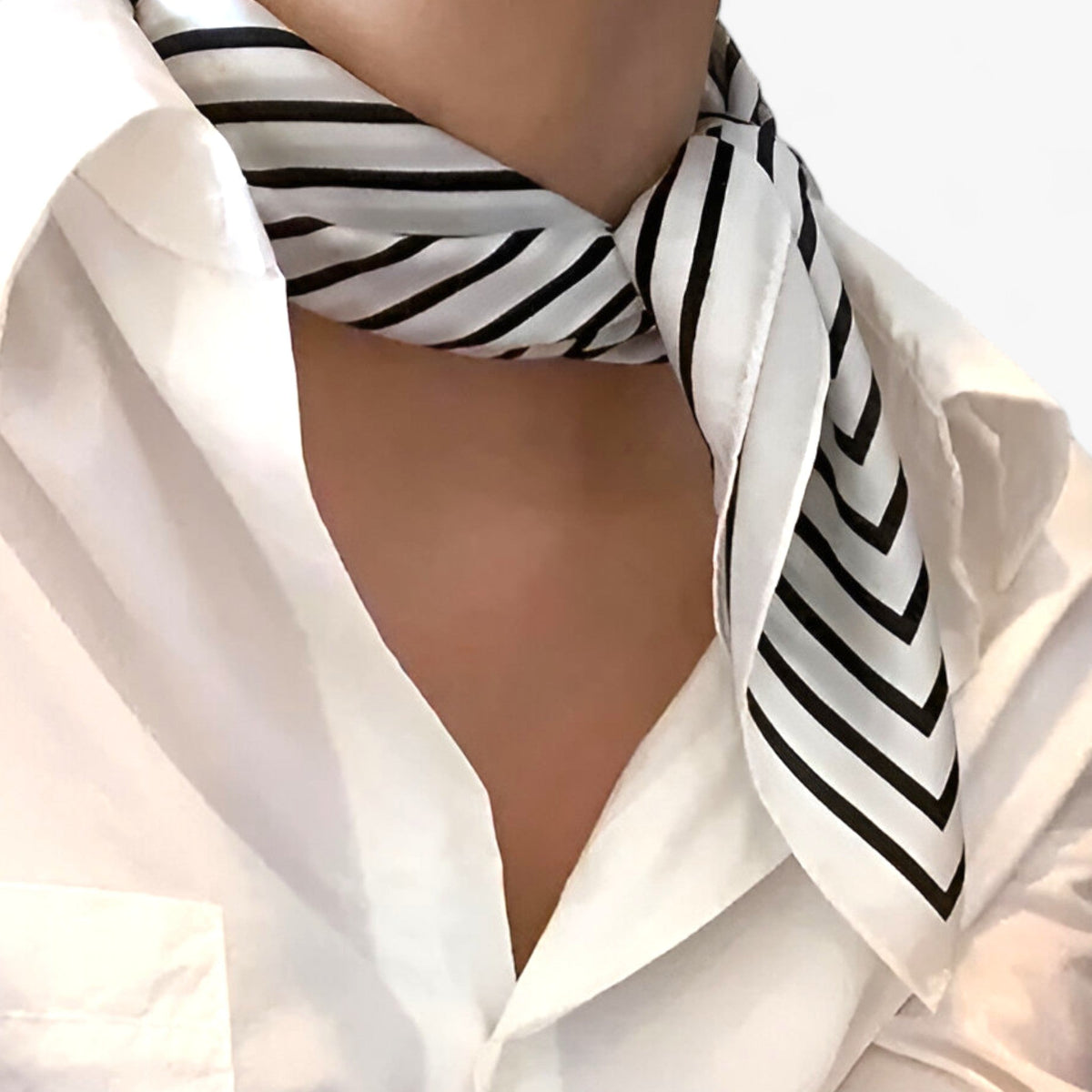 Black-and-white striped scarf tied around the neck.