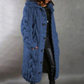 Blue Gallanto cable-knit coat with a broad hood and large front buttons.