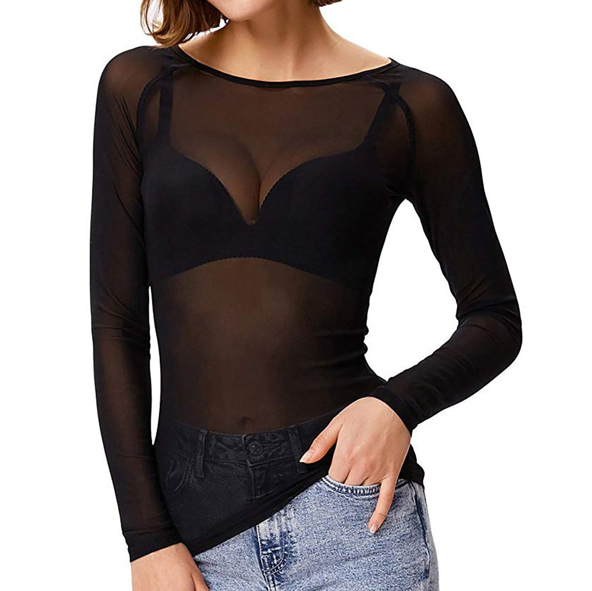 Black sheer mesh top with long sleeves and a round neckline over a dark underlayer.