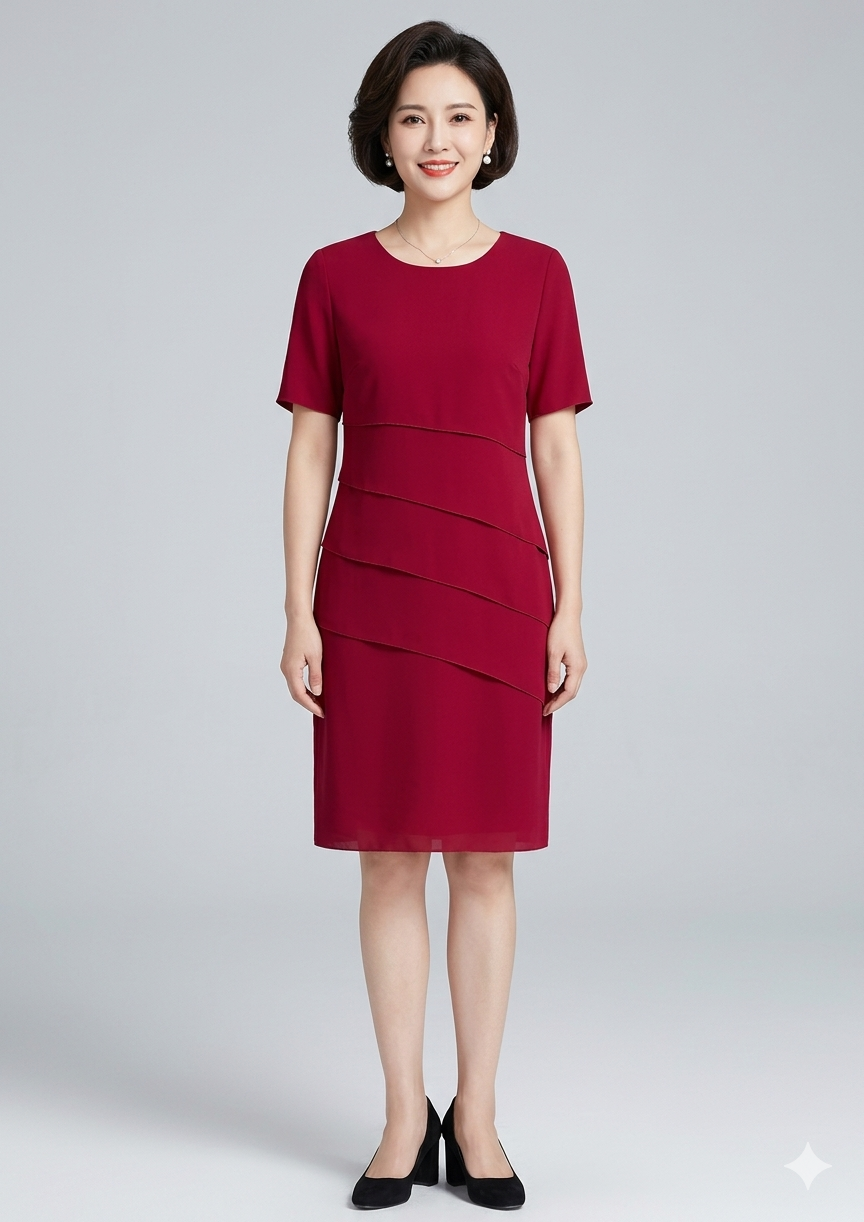 Woman wearing a red knee-length layered dress with black shoes.