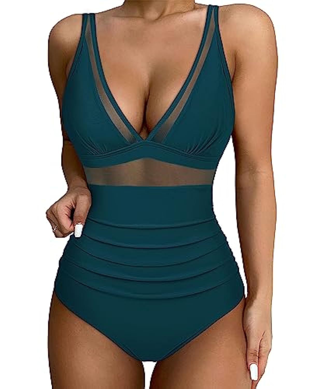 Teal swimsuit shown from the front with a deep V neckline.