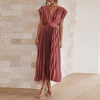 Rose-red midi dress with a deep V-neckline shown from the front.