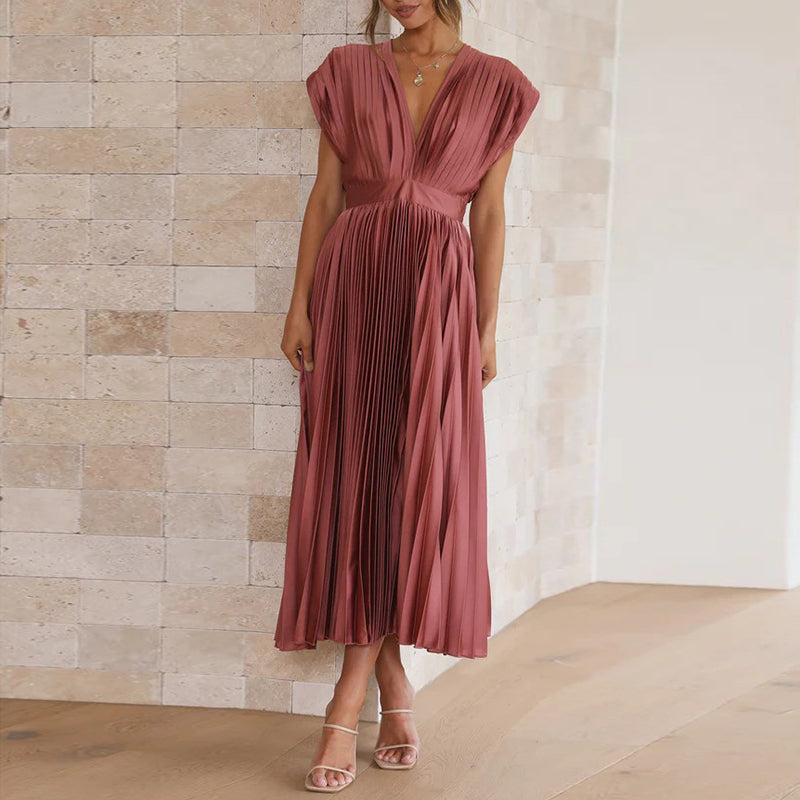 Rose-red midi dress with a deep V-neckline shown from the front.
