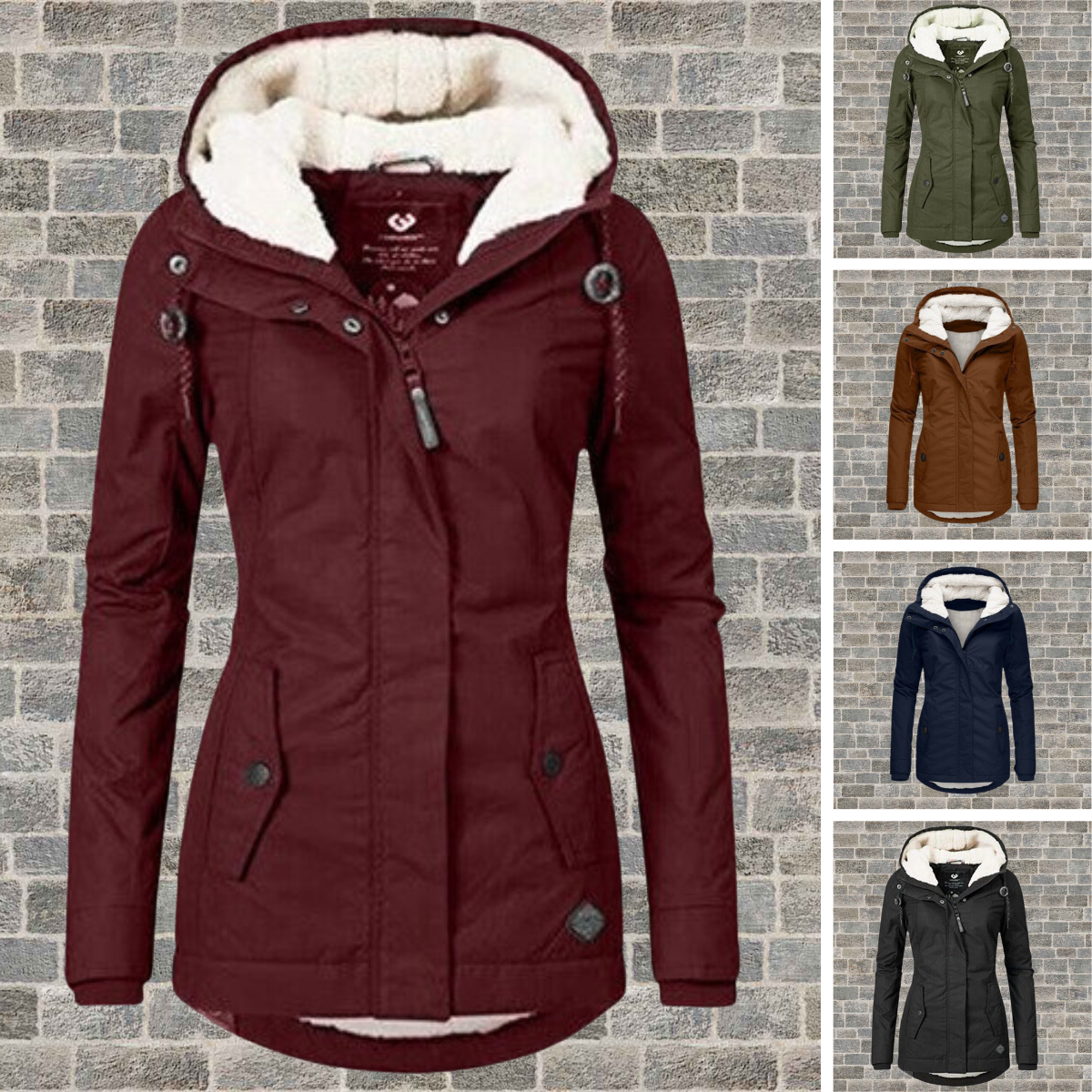 Wine-red hooded coat beside smaller green, brown, navy and black views against a brick wall.
