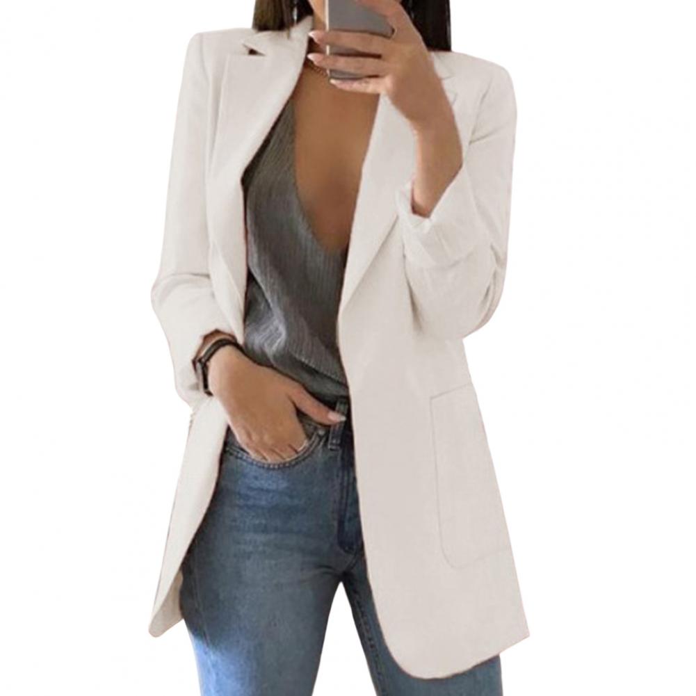 White long open-front blazer with long sleeves.