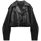 Black cropped biker jacket with silver-tone accents and a waist belt.