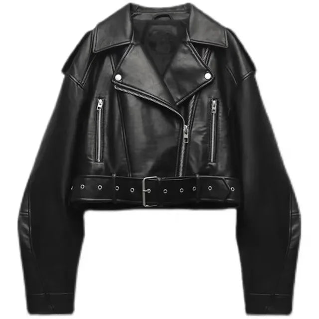 Black cropped biker jacket with silver-tone accents and a waist belt.