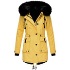 Yellow parka with black hood trim, long sleeves and front pockets.