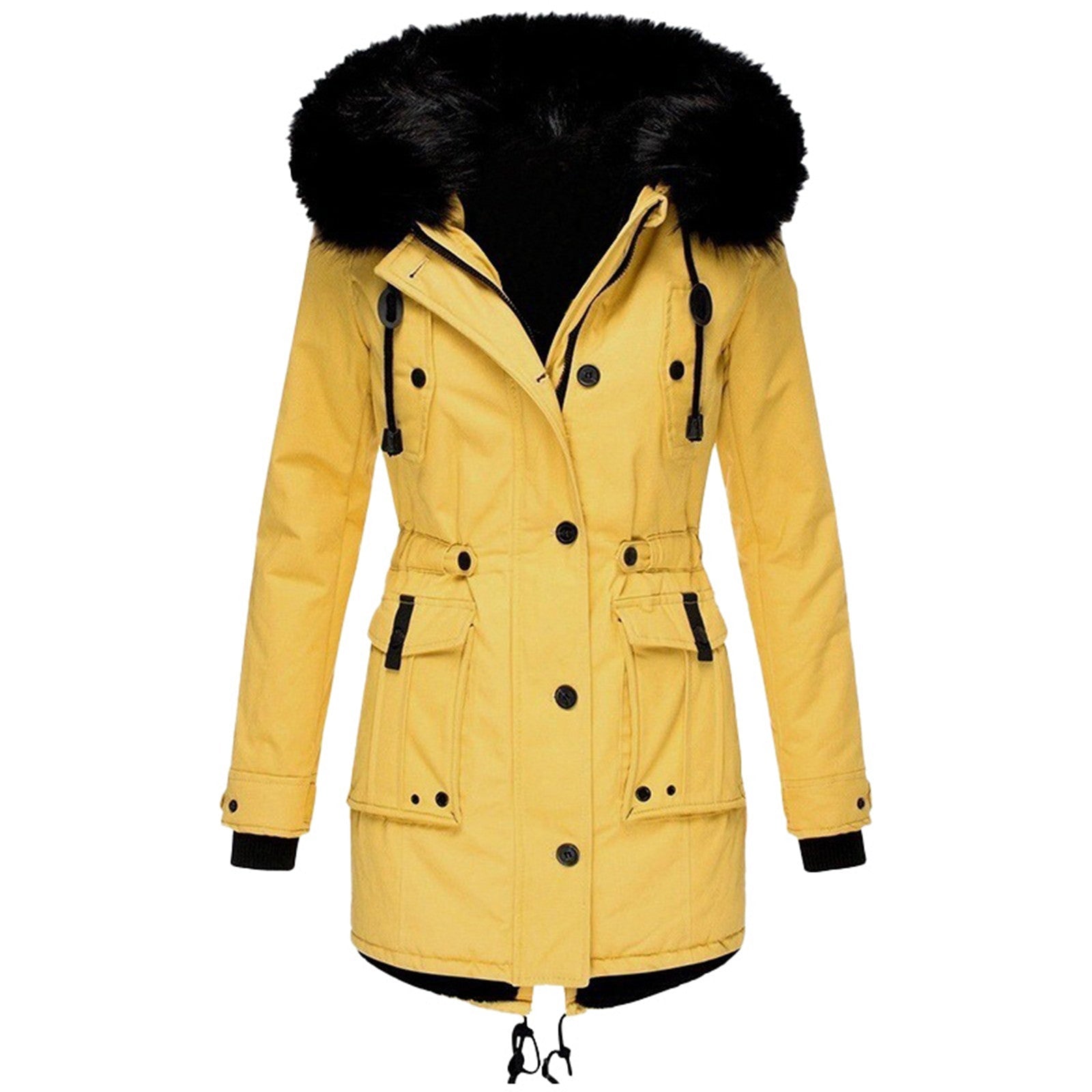 Yellow parka with black hood trim, long sleeves and front pockets.