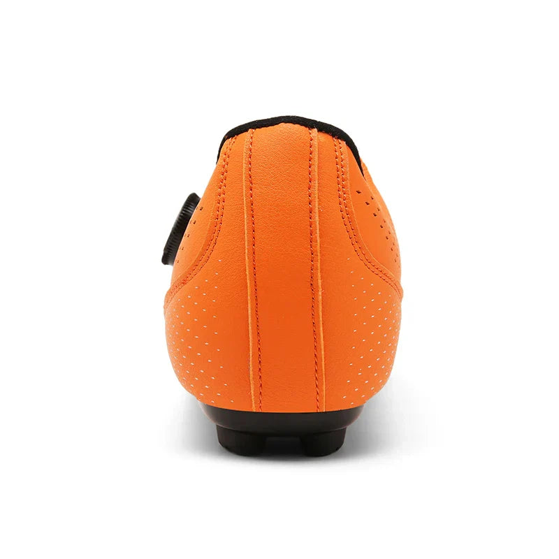Rear view of orange cycling shoe with a black heel base.