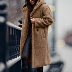 Camel hooded coat with long sleeves.