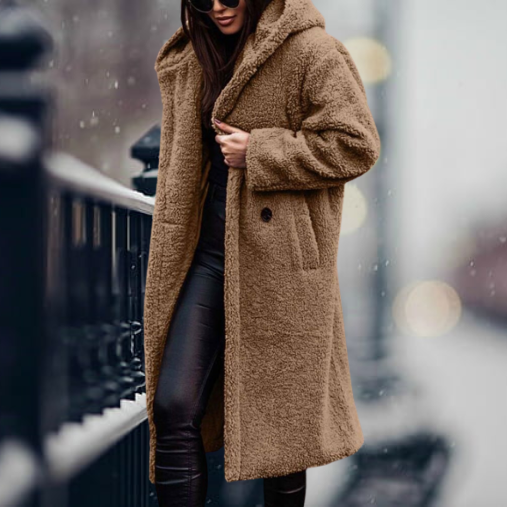 Camel hooded coat with long sleeves.