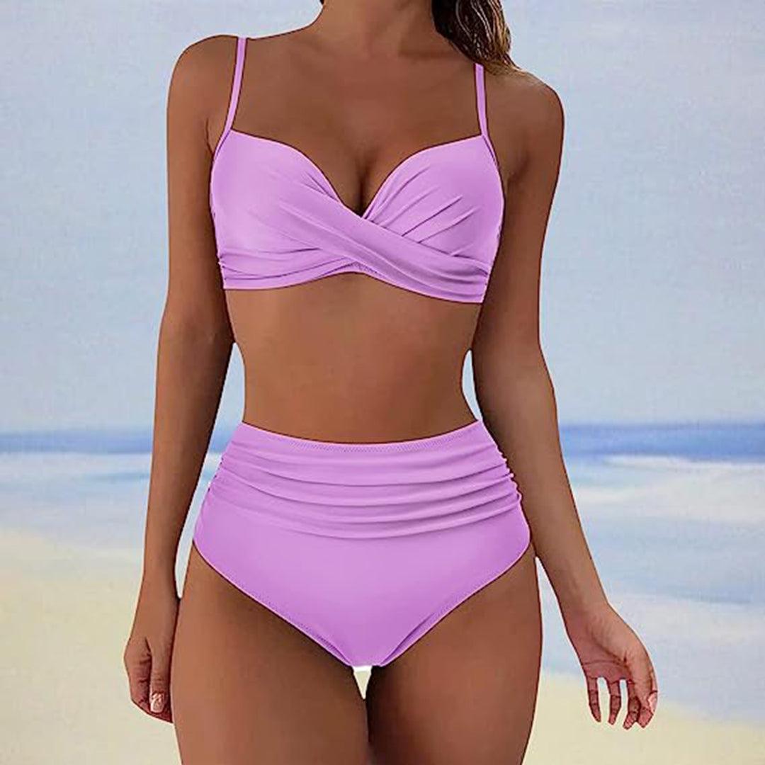 Purple bikini with narrow shoulder straps and a twisted front.