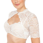 White cropped lace blouse with short sleeves and a large keyhole front.