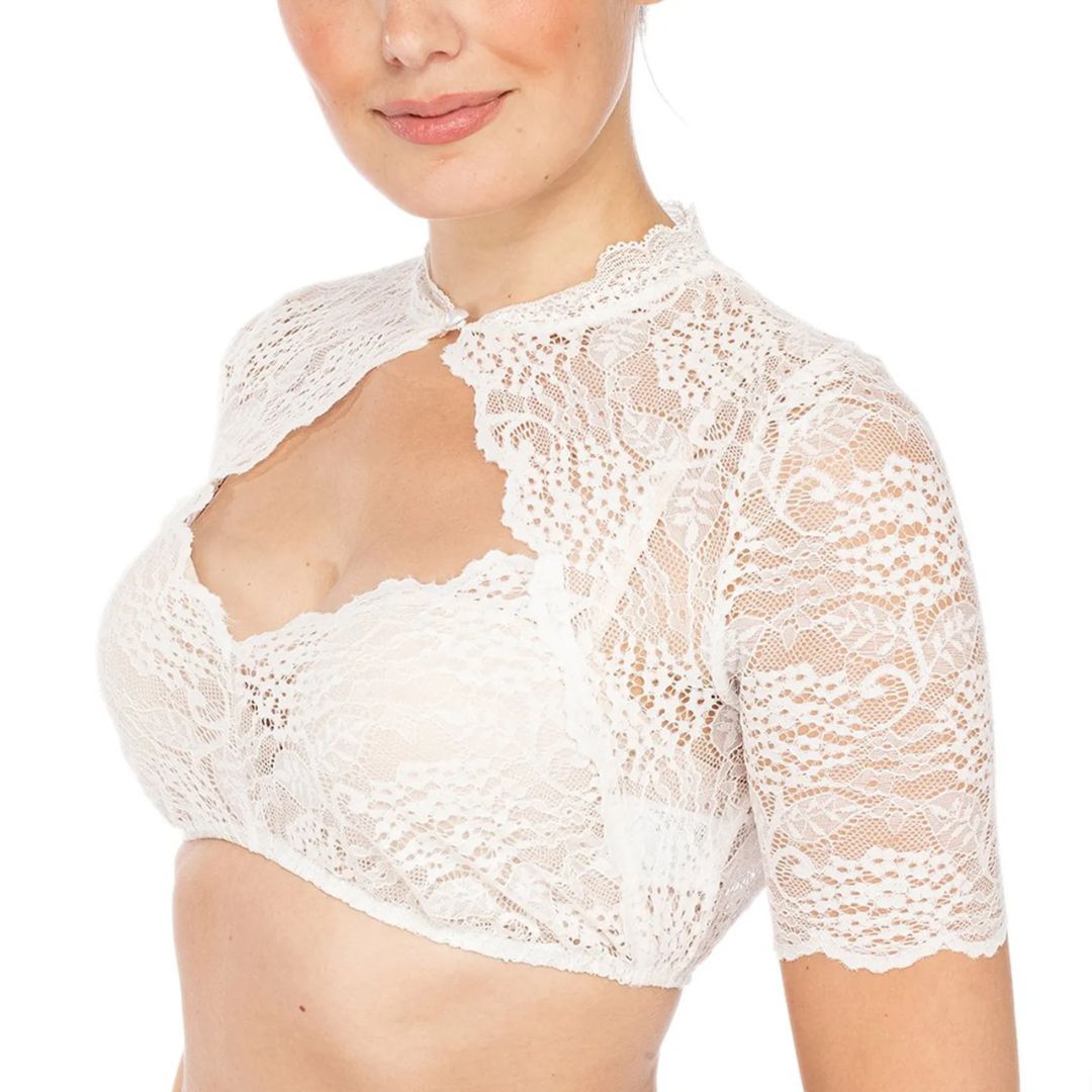 White cropped lace blouse with short sleeves and a large keyhole front.