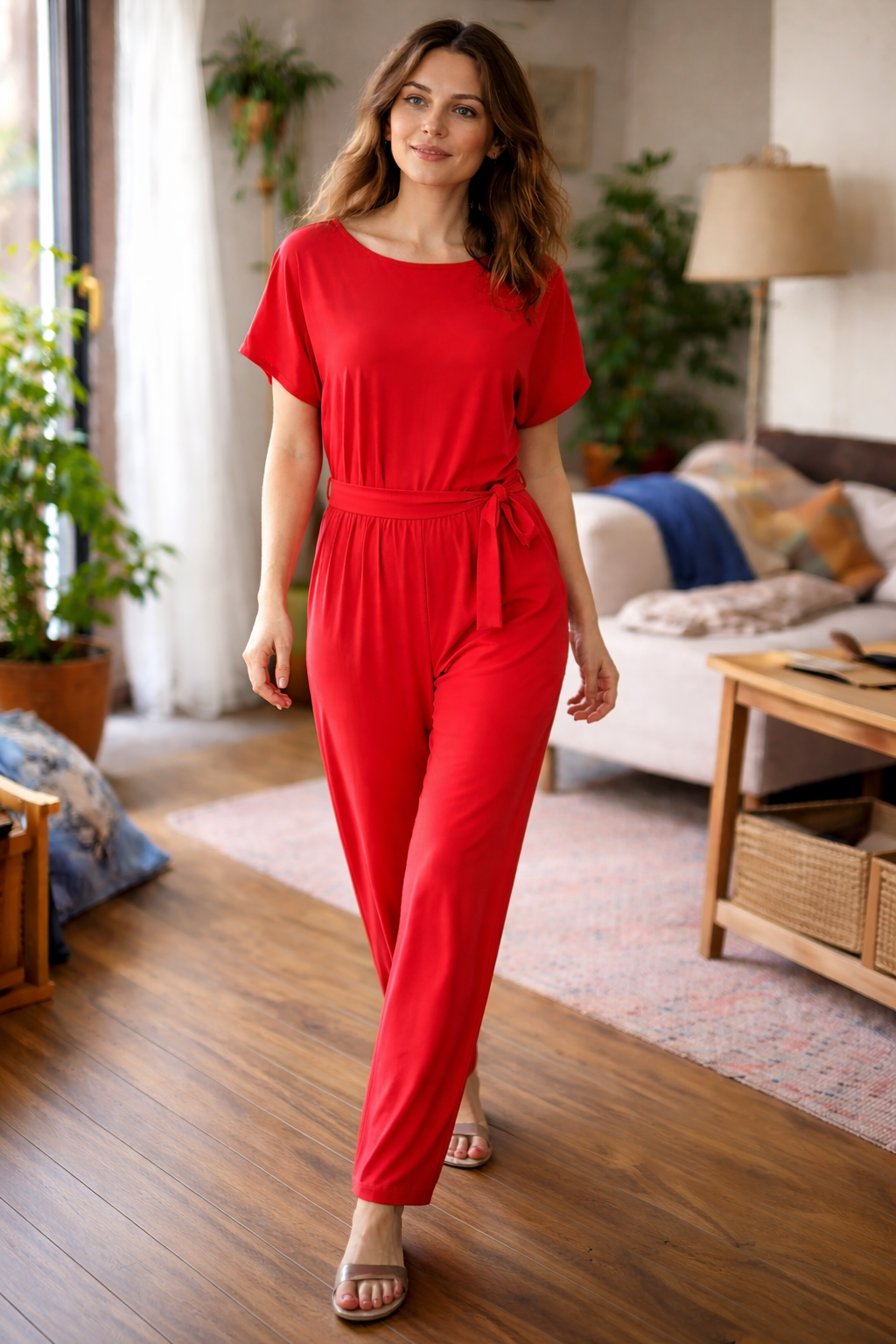 Red short-sleeve jumpsuit with a tie belt, worn by a woman in a living room.