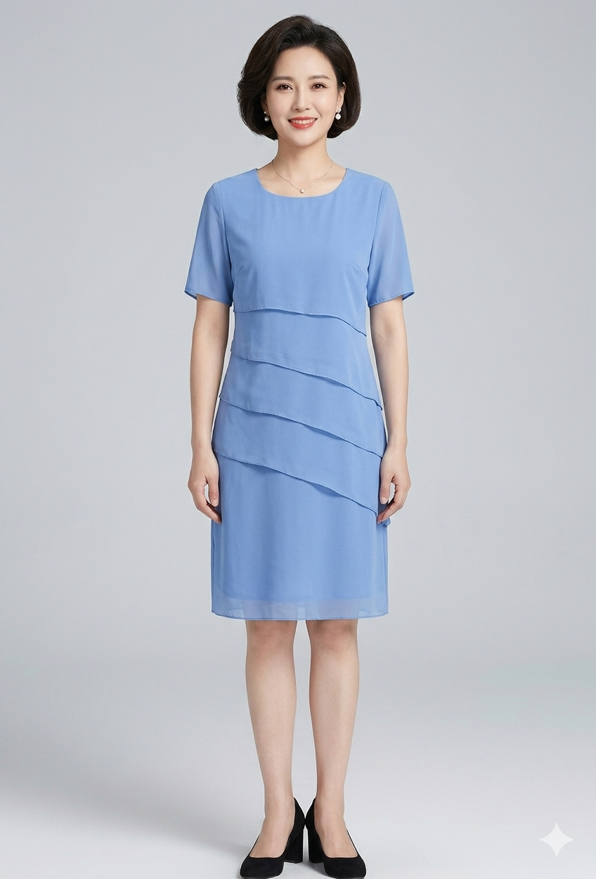 Woman wearing a light blue layered dress with short sleeves and black shoes.