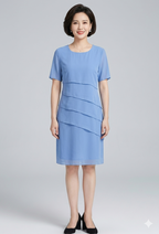 Woman wearing a light blue layered dress with short sleeves and black shoes.
