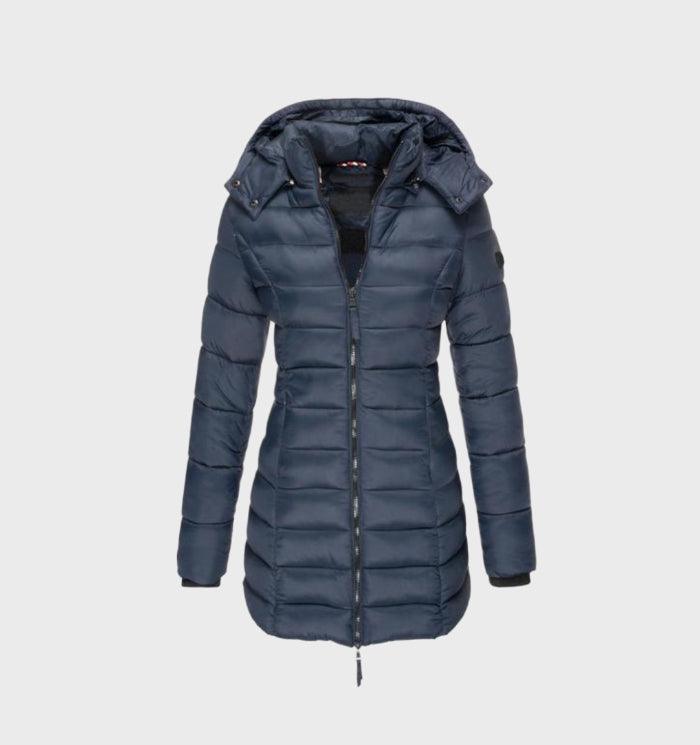 Blue long quilted coat with a hood and side pockets.