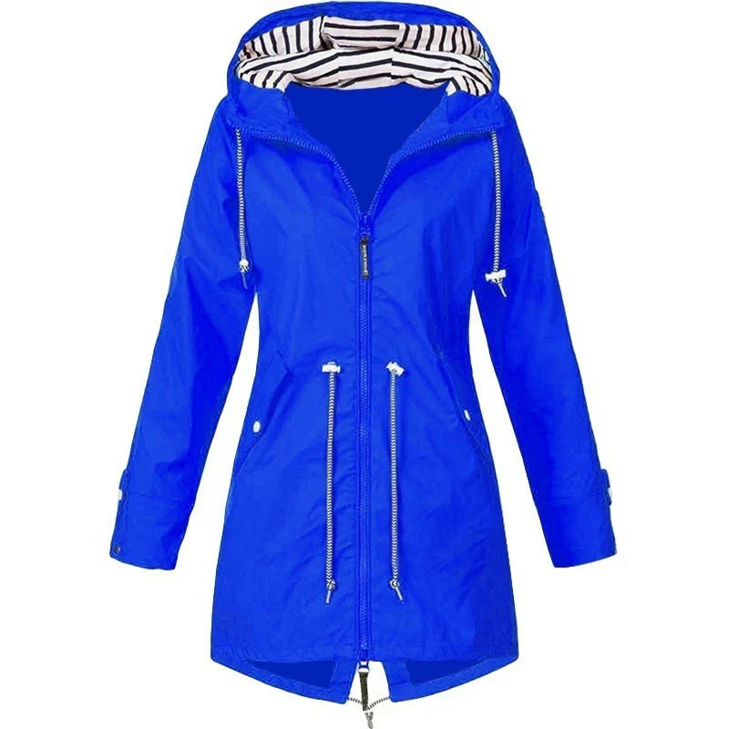 Blue coat with a front zip, adjustable waist drawstrings and striped hood lining.