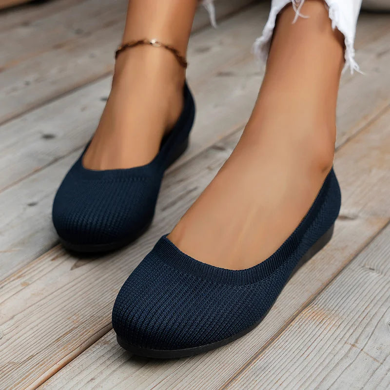Navy-blue ballet flats shown from above.